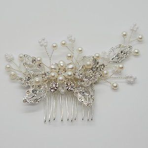 Silver Hair Comb Pearls, Flowers, Leaves, Crystals